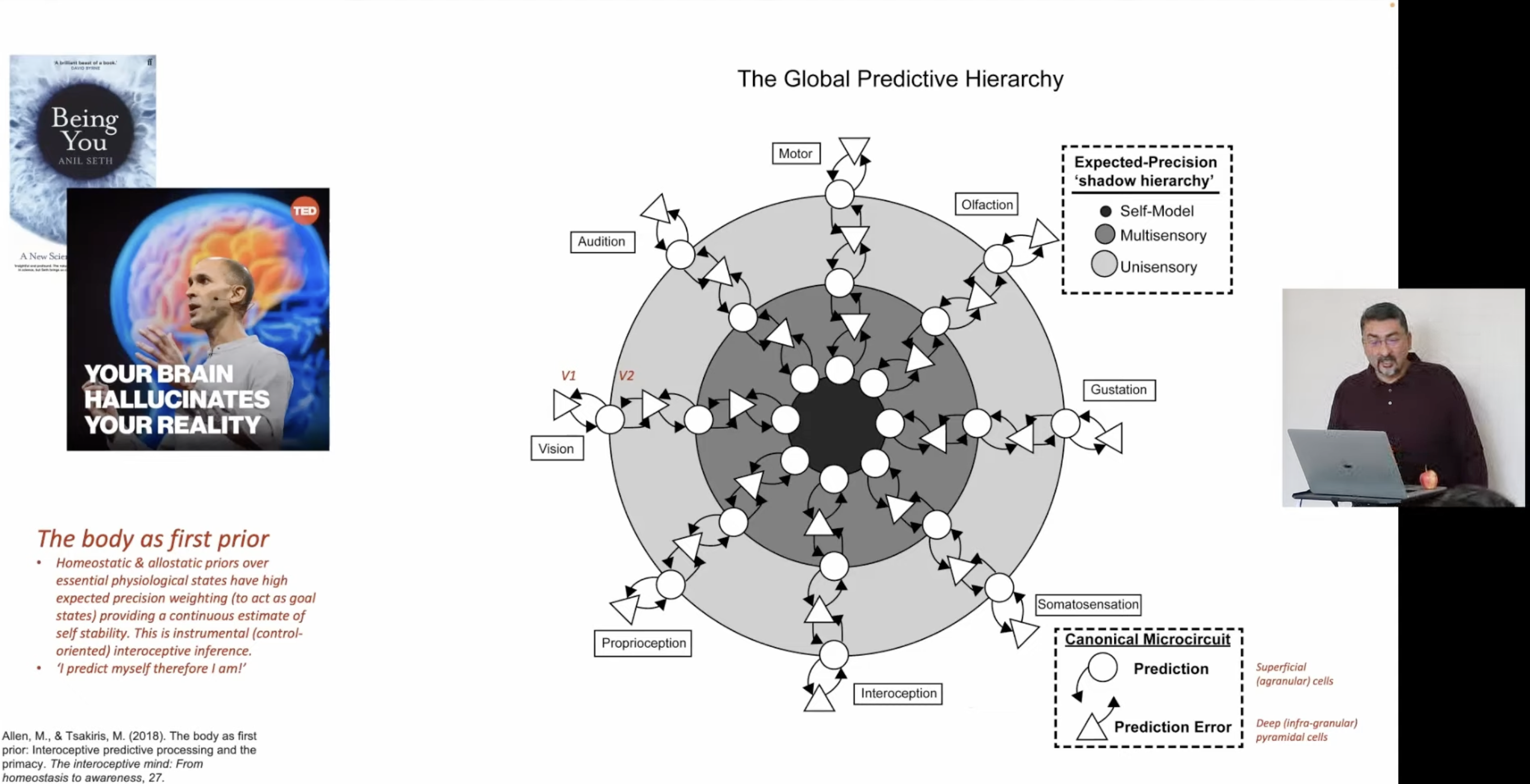 The global predictive hierarchy: brain as layered prediction machine spanning all modalities, with the body as first prior